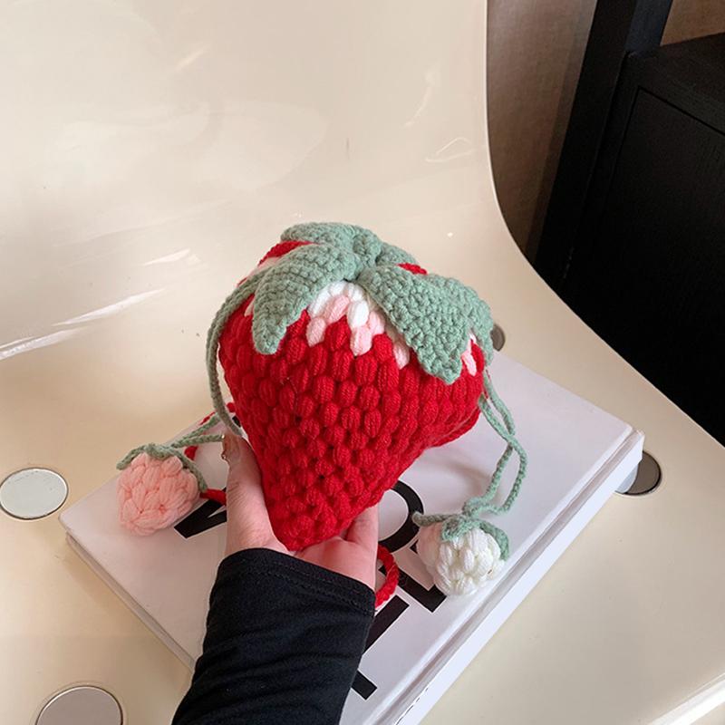 Novelty Strawberry Shaped Crossbody Bag Handmade Knitted DIY Personalized Crochet Wool Small Satchel Bag Cartoon Cute Sling Shoulder Bag MIT