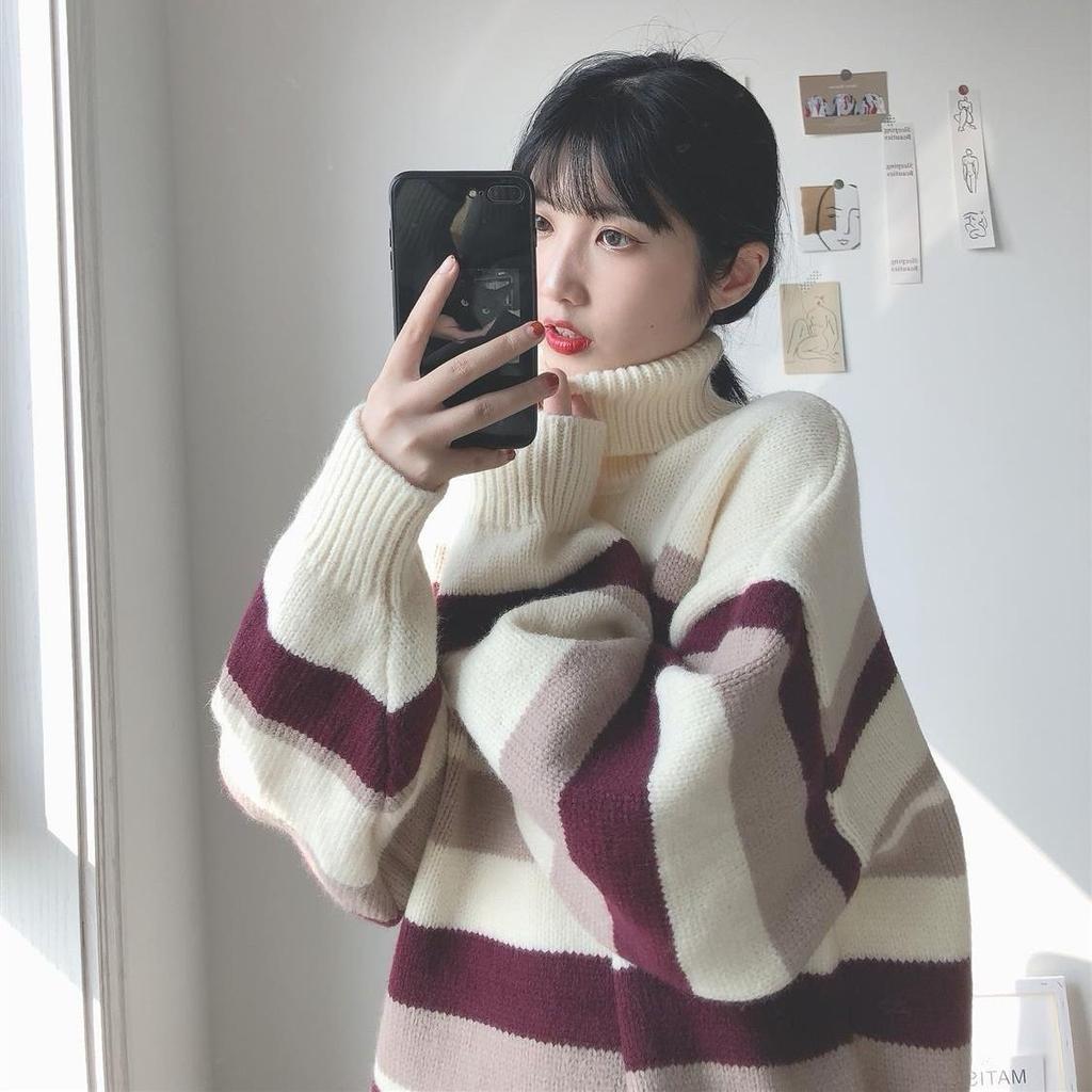 Autumn Winter High Collar Women's Sweater New Loose Pullover Sweaters Warm Stripe Vintage Sweater