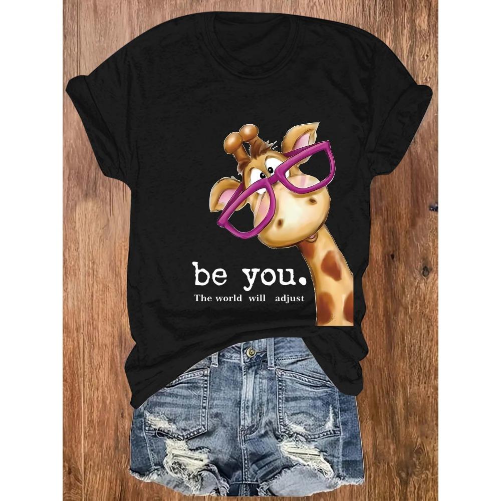 Be You The World Will Adjust Women's Tee - Cute Giraffe With Glasses Graphic, Casual Green Top