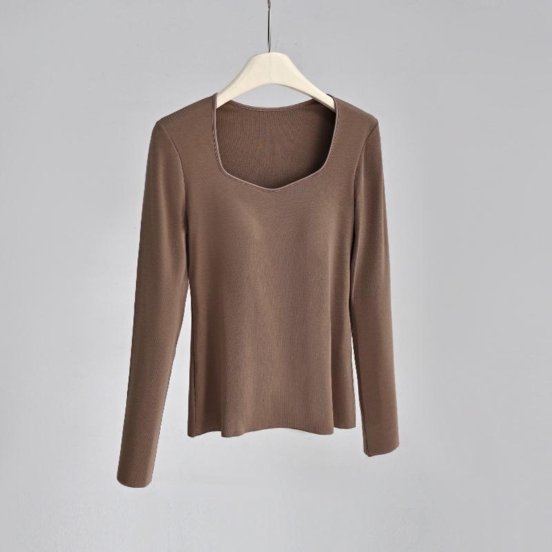 Women's Wool Square Collar Long Sleeve Thermal Shirt with Chest Pad