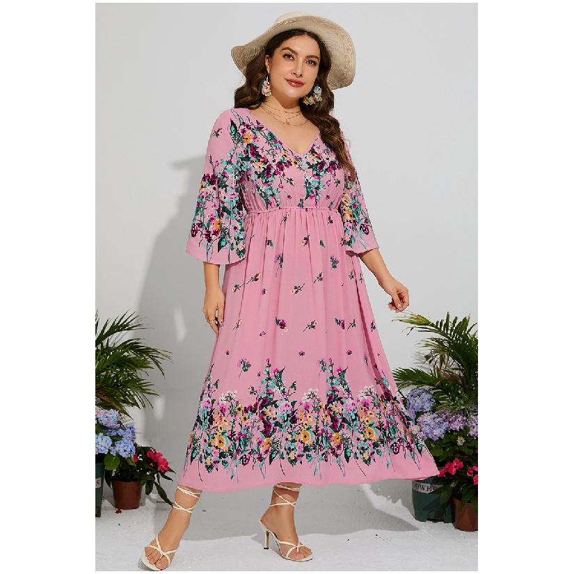 Шифоновое платье больших размеров с цветочным принтом, эластичной талией, расклешенными рукавами и V-образным вырезом, идеально подходящее для