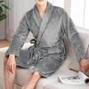 Autumn Winter Men Nightgown Flannel Pockets Lapel Solid Color Long Sleeve Robe Plus
