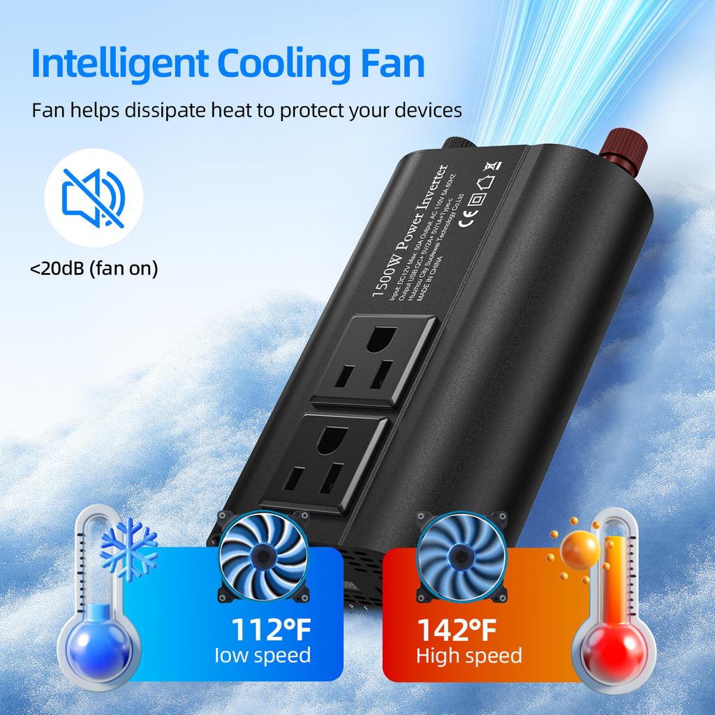 1500W solar inverter with LCD display,DC 12V to AC 110V USB Type-C portable power bank, car converter Vehicle-mounted inverter