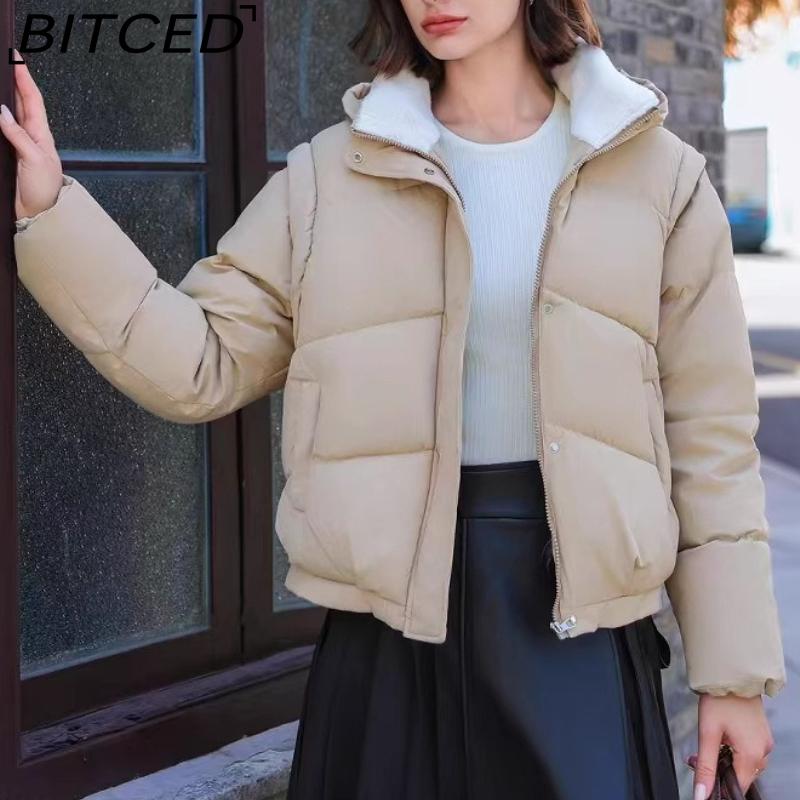 BITCED Lambswool Hooded Down-Filled Quilted Jacket for Women Winter Fashion Sweet Style with Detachable Sleeves Slimming Puffer Coat