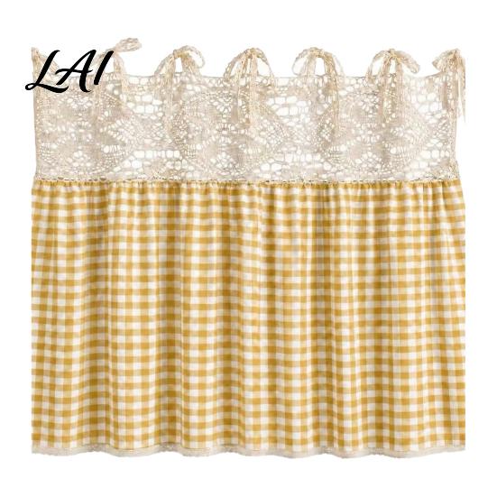 Farmhouse Kitchen Linen Decor Stove Skirt Plaid Crochet Lace Oven Curtain Appliance Handle Shield Skirt Curtain with Ties for Cottage Cover