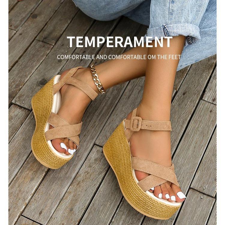 Летние женские босоножки на танкетке больших размеров с пряжкой, европейский и американский стиль