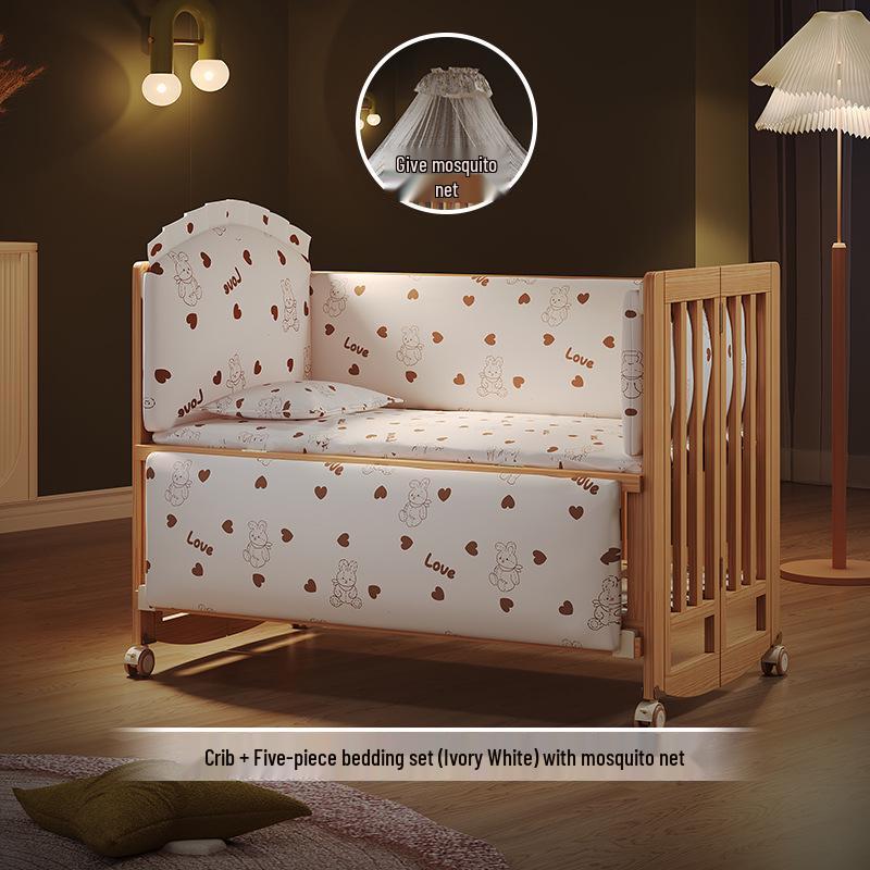 Movable Solid Wood Foldable Baby Crib, Unpainted, Multifunctional Newborn Bed