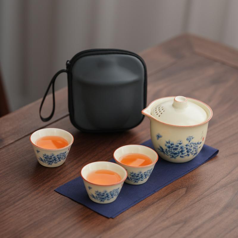 Chinese light luxury teapot fresh peony flower express cup portable ceramic travel tea set outdoor