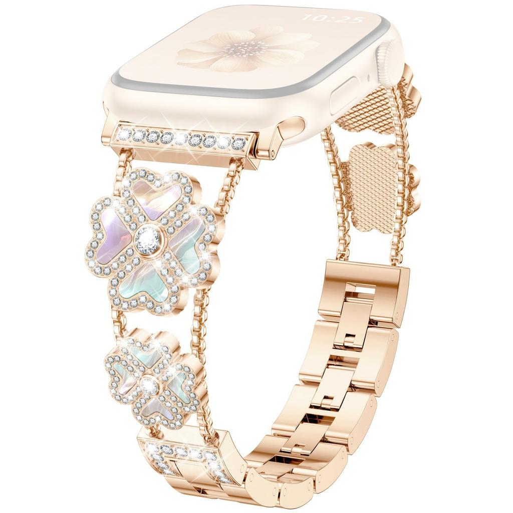 Metal Strap for Apple Watch Series 10 9 8 7 SE 6 5 4 3 2 1 42mm 41mm 40mm 38mm Heart Clover Rhinestone Decor Watch Band