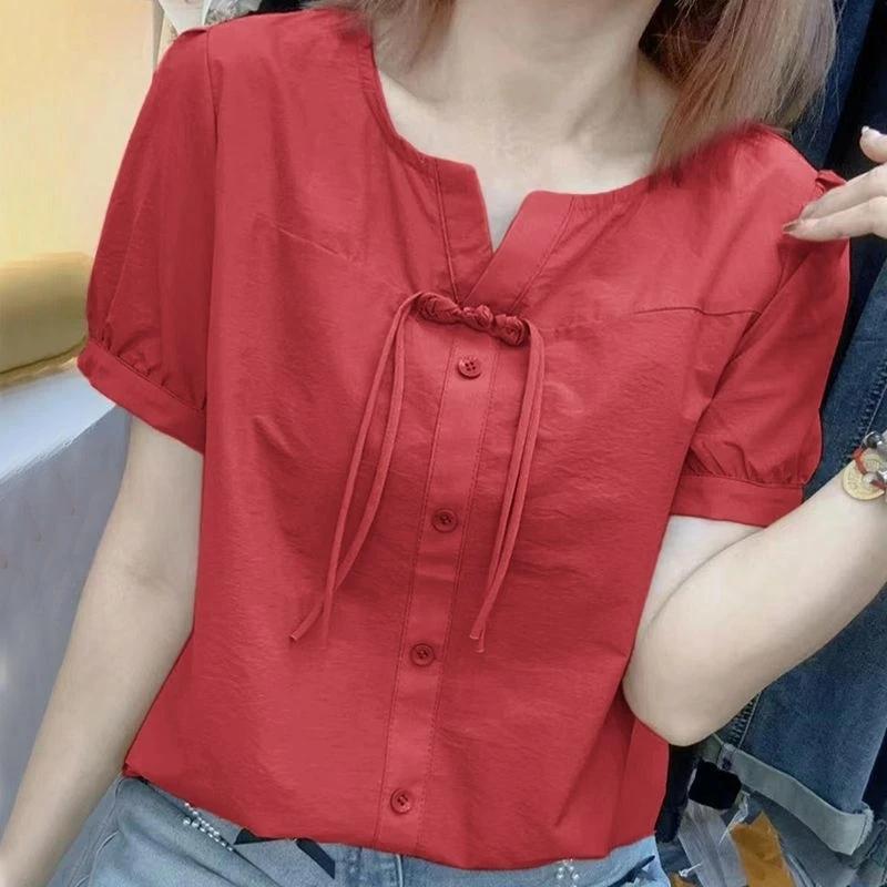 Женская летняя тонкая рубашка в китайском стиле с короткими рукавами, однотонная свободная блузка