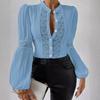 Fashion Lace Patchwork Lantern Sleeve Vintage Plus Size Shirts Women Elegant Tops Stand Hollow Out Casual Loose Blouse Women Buttons Slim Shirt 26361