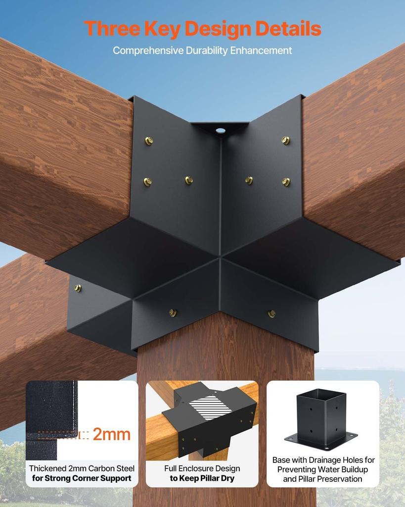 Pergola Bracket Kit, 4x4 Inch (Inner Size 92 x 92 mm), 2 Pcs 4-Way Heavy Duty Corner Bracket Woodworks DIY Post Base Kit, Easy Installation Wooden