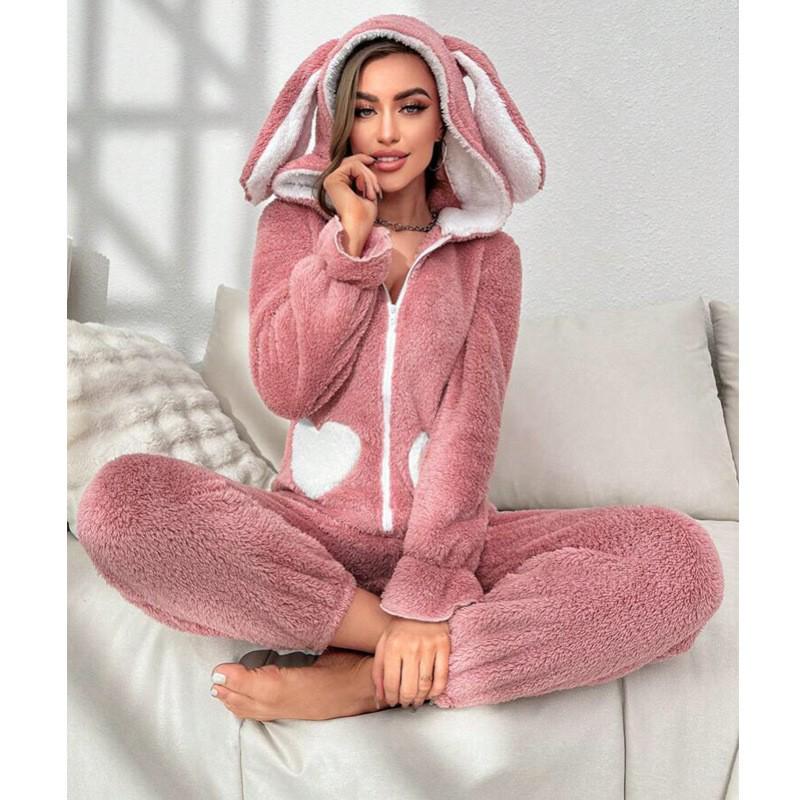Комбинезон с капюшоном и ушками кролика в стиле колор-блок - Женская пижама из кораллового флиса для осени и зимы