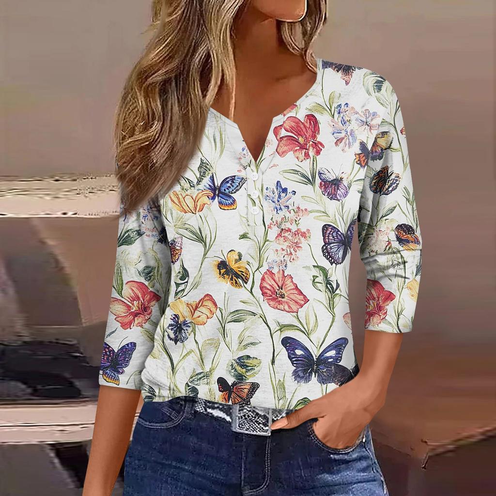 Женская модная повседневная футболка с коротким рукавом и V-образным вырезом, декоративными пуговицами и рукавом три четверти