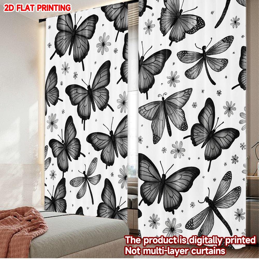 2D flat printing 2pcs Curtains Butterflies and Flowers Digital Printed Polyester Drapes Birthday Party Perfect for Booths Studio