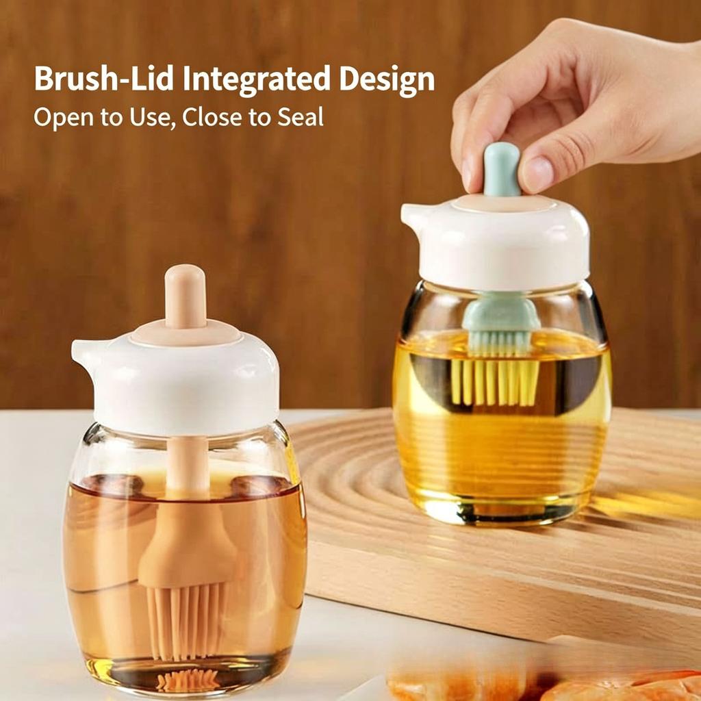Integrated Glass Oil Bottle with Brush Press Type Oil Dispenser for Baking and Barbecue
