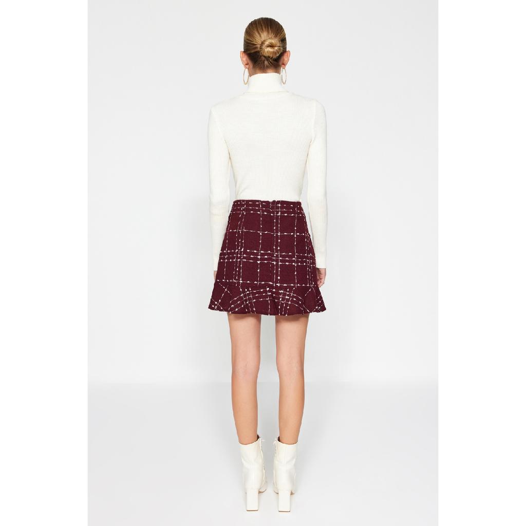 Burgundy Buttoned Tweed Fabric Mini Woven Skirt With Flounce Hem Twoaw22et0155