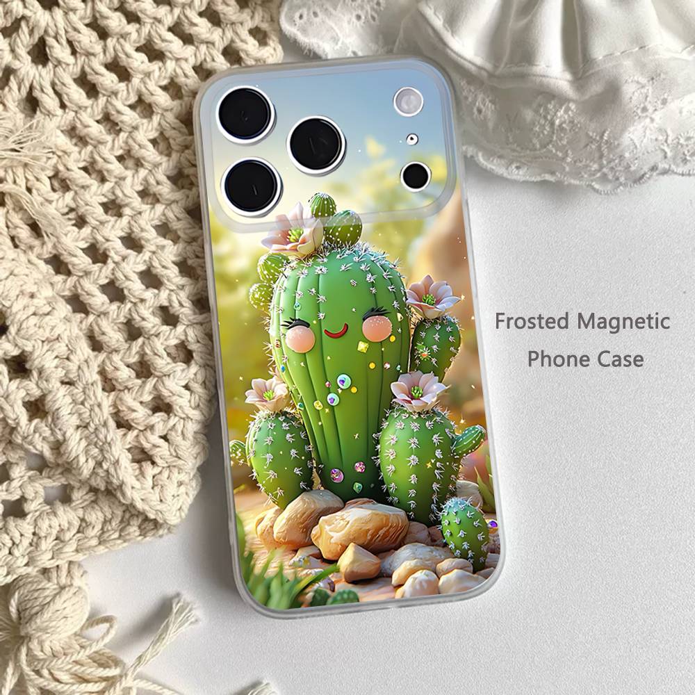 Cartoon Plant Cactus Phone Case For iPhone 14,16,12,17,13,15,11 Max,Pro,Mini,Plus,Air,E Magnetic Frosted Transparent