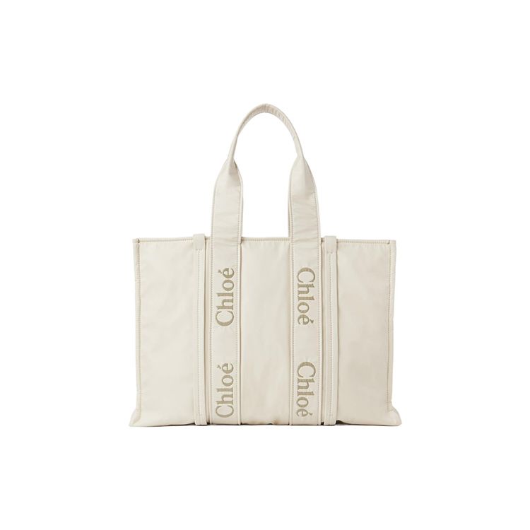 Chloe Woody Iconic Embroidered Logo Solid Recycled Nylon Tote Bag Women Tote Bags Ivory-Gray CHC23-WS382L41-22M