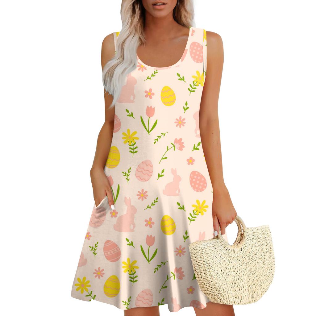 Womens Summer Dresses Easter Print Loose U Neck Sleeveless Sundresses Dress With Pockets