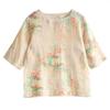 1116 summer round neck ramie print retro loose commuter top cotton and linen literary five-quarter sleeve chic T-shirt