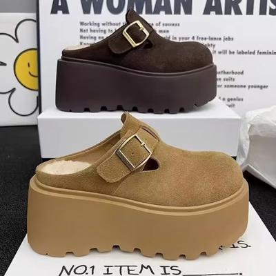 Модные женские хлопковые тапочки Новые зимние тапочки с закрытым носком Модные замшевые тапочки с круглым носком и толстой подошвой на пряжке Женская обувь
