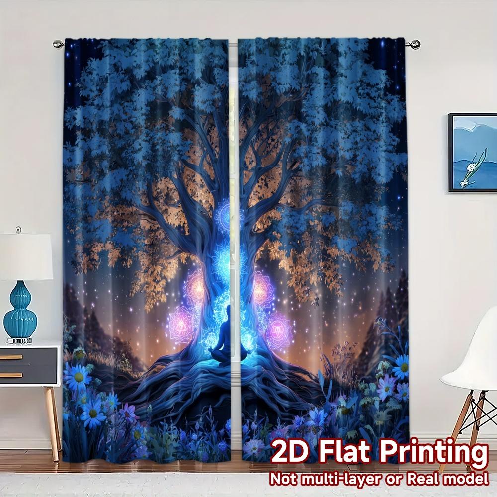 2pcs, 2D FLAT PRINTING Curtains (Without Rod) ChakraTree Popular Minimalist Curtains Versatile 100% Polyester Curtains Thermal