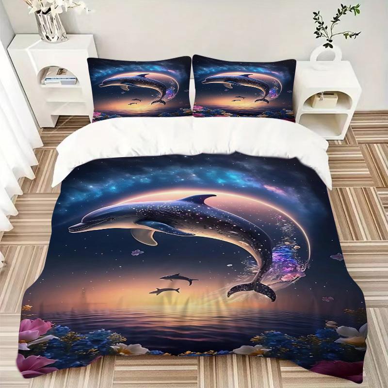 3 шт. Аниме Набор постельного белья с дельфинами - Включает один пододеяльник и две наволочки (Нет ядра) - Полиэфирная ткань, идеально подходит для спальни и гостевой комн