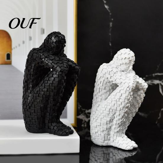 White Desk Ornaments Mosaic Abstract Figure Sculpture, Resin Thinker Statue for Home Sculptures Decor, Modern Art Figurine Bookshelf TV Stand Entryway
