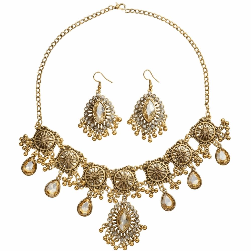 Metal Necklace Earrings Set Water Drop Pendant Ethnic Style Necklace Set  Wedding Party