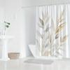 1 delicate leaf shower curtain, digital watercolor illustration featuring elongated leaves in beige, light brown, and light grey