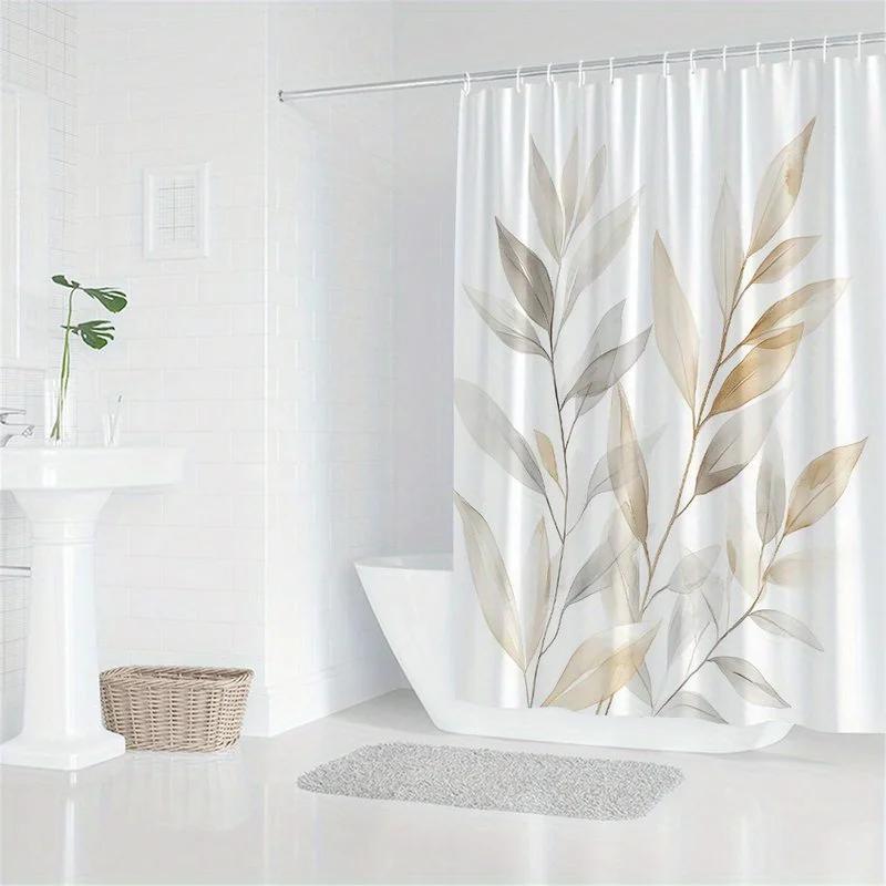 1 delicate leaf shower curtain, digital watercolor illustration featuring elongated leaves in beige, light brown, and light grey
