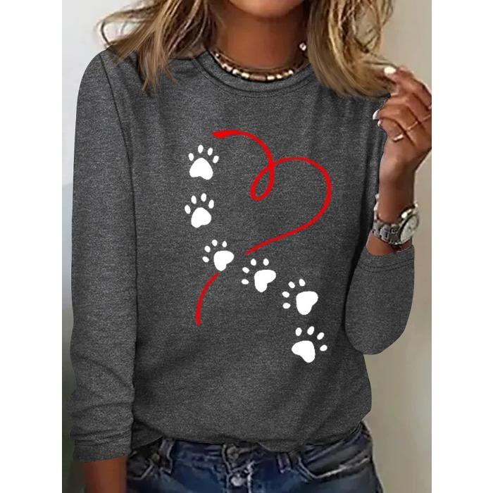 Round Neck 3D Printed Love Cat Footprint Pattern Top Fashionable Casual Long Sleeved Women's T-shirts