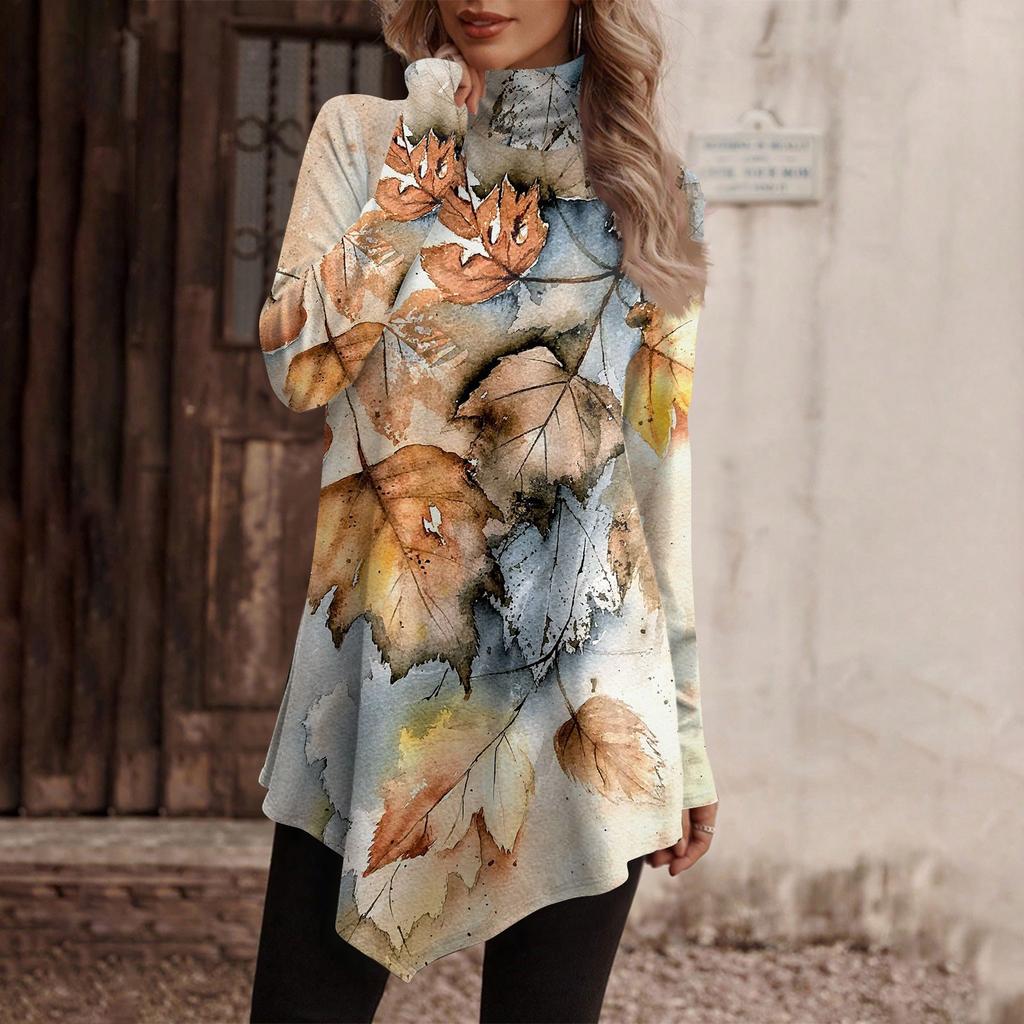 Casual Fashion Floral Print Shirt Tops High Neck Irregular Hem Long Sleeve Pullover Tops