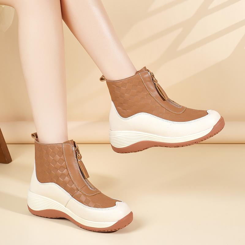 Женские спортивные туфли на платформе, повседневные черные кожаные ботильоны, обувь на танкетке, кроссовки с высоким верхом, увеличивающие рост