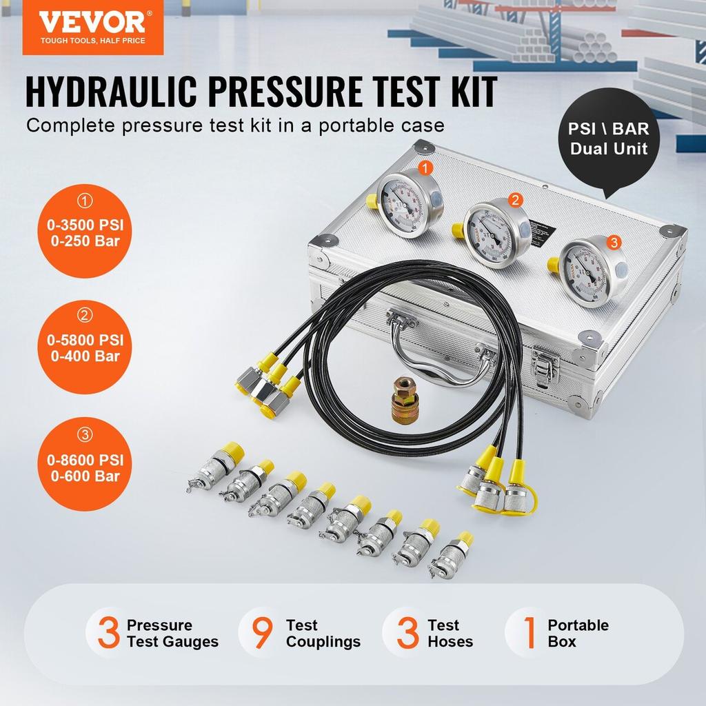 Hydraulic Pressure Test Kit, 250/400/600bar, 3 Gauges 9 Test Couplings 3 Test Hoses, Excavator Hydraulic Test Gauge Set with Portable Carrying Case