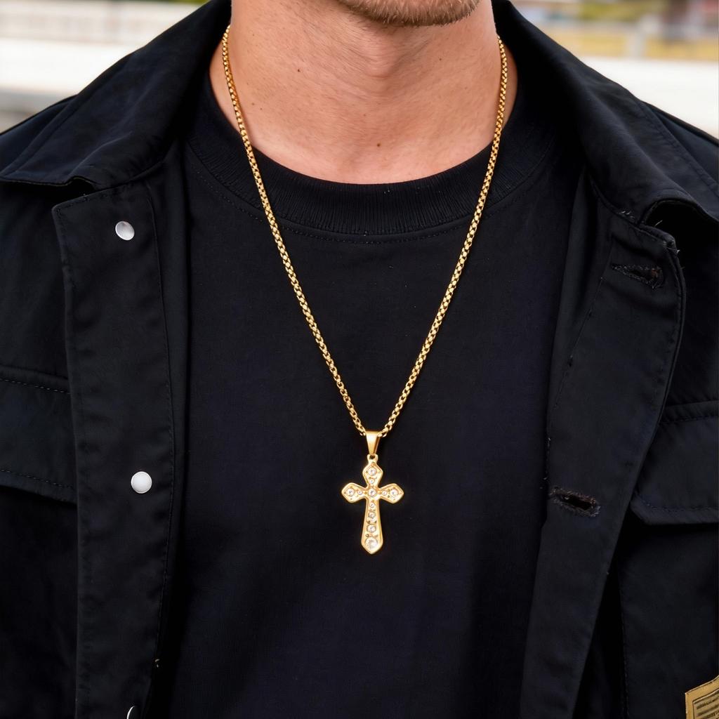 Vnox Stainless Steel Zircon Cross Pendant Necklace with Box Chain for Women Men, Christian Hip Hop Cross Necklace Jewelry Gifts