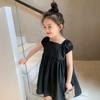 Summer Girls' Solid Color Square Collar Puff Sleeves Bow Princess Dress