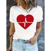 European Size Women's Red Heart  Line Print Semi-Sheer T-Shirt - Valentine's Day Casual Round Neck Short Sleeve Blouse with Romantic
