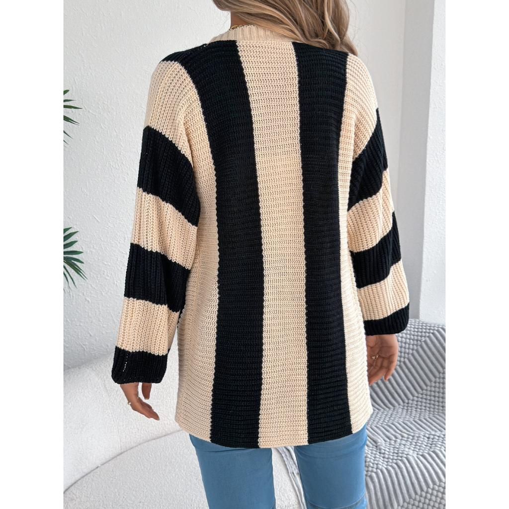 QICED Autumn and Winter Color-blocking Striped Flared Sleeve Cardigan Sweater Mid-length Coat Women's Wear