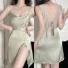 Летняя новая женская сорочка ночная рубашка пижамы сексуальная мини разрез спинки ночная рубашка интимное белье шелковистое атласное кружевное домашнее платье