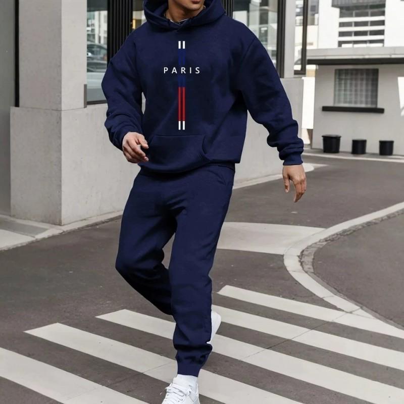Mens Casual Velvet Tracksuit Set Paris Print Hoodie Sweatshirt Jogger Pants Fall Winter