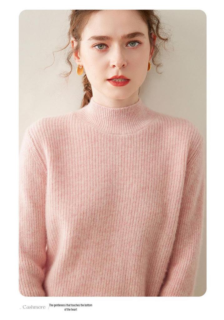 Autumn Winter Women's Cashmere Half-High Collar Loose Sweater - Solid Color Knitwear