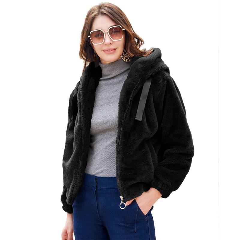 Womens Faux Fur Hooded Cotton Puffer Jacket Short Warm Coat Winter Casual Outwear