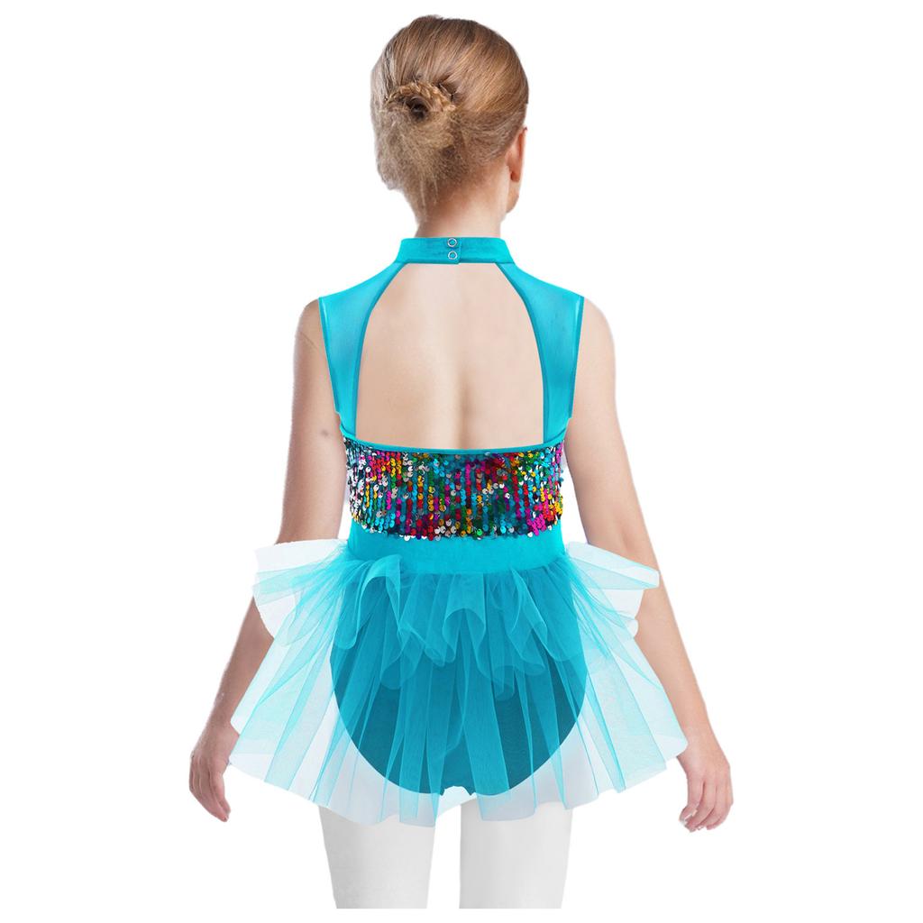 Girls Latin Dance Dress Sleeveless Cutout Back Tassels Shiny Sequins Color Block Performance Costume