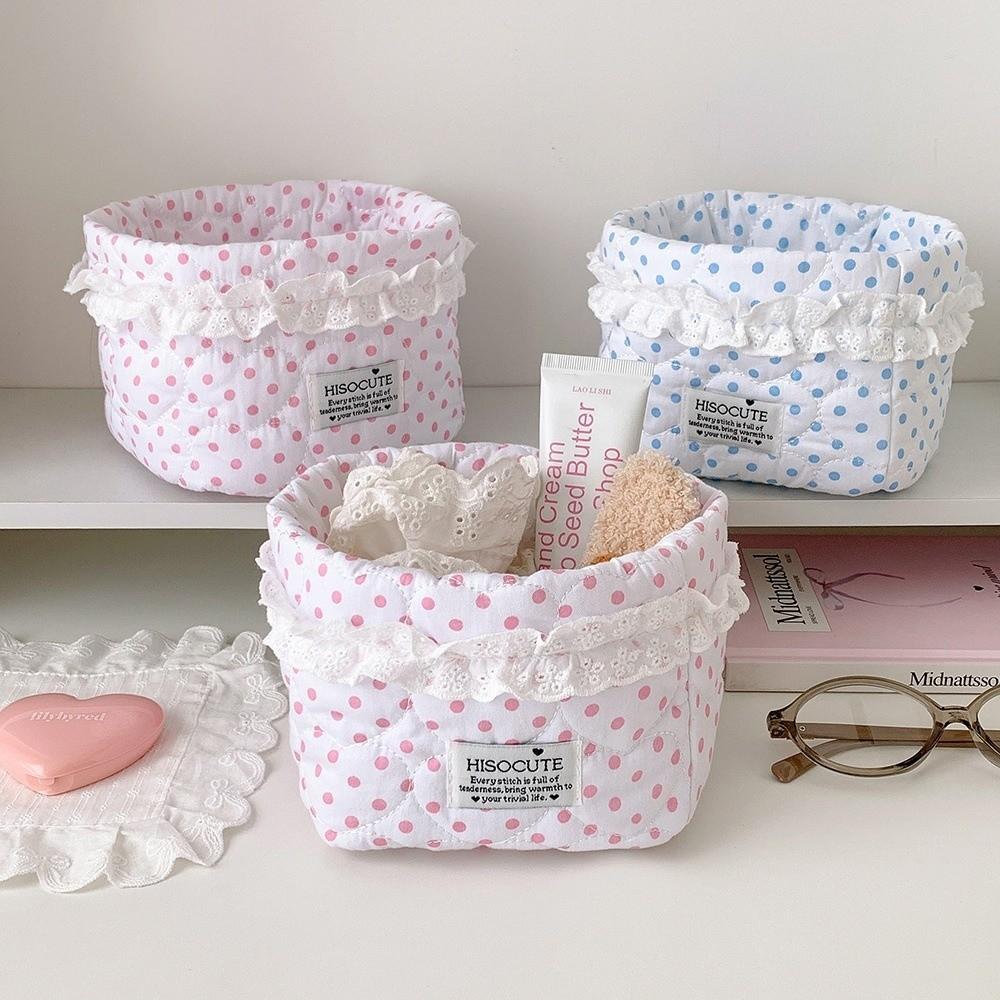 Polka Dot Pattern Quilted Storage Basket Lace Ruffle Trim Desktop Organizer Box