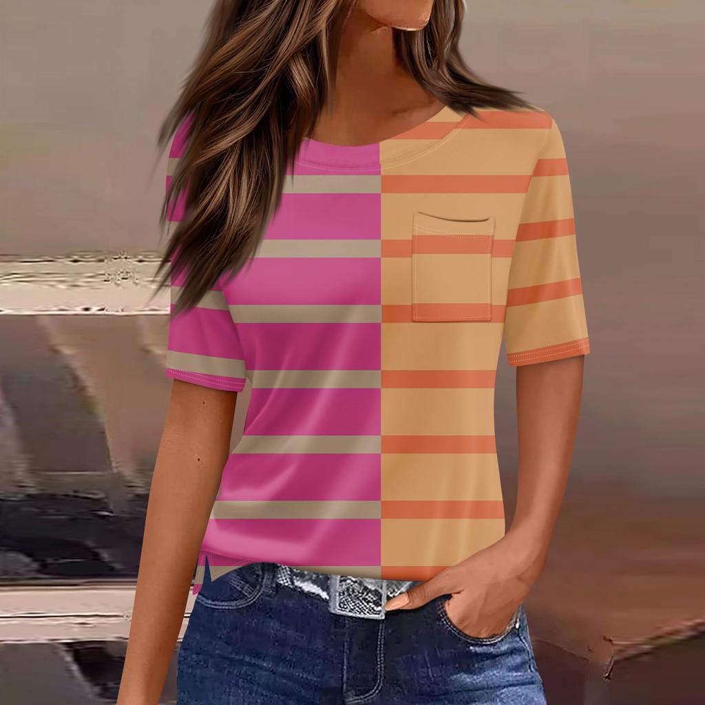 T Shirts For Women Pleated Round Neck Dressy Casual Blouses Printing Short Sleeve Summer Tops Loose Fit