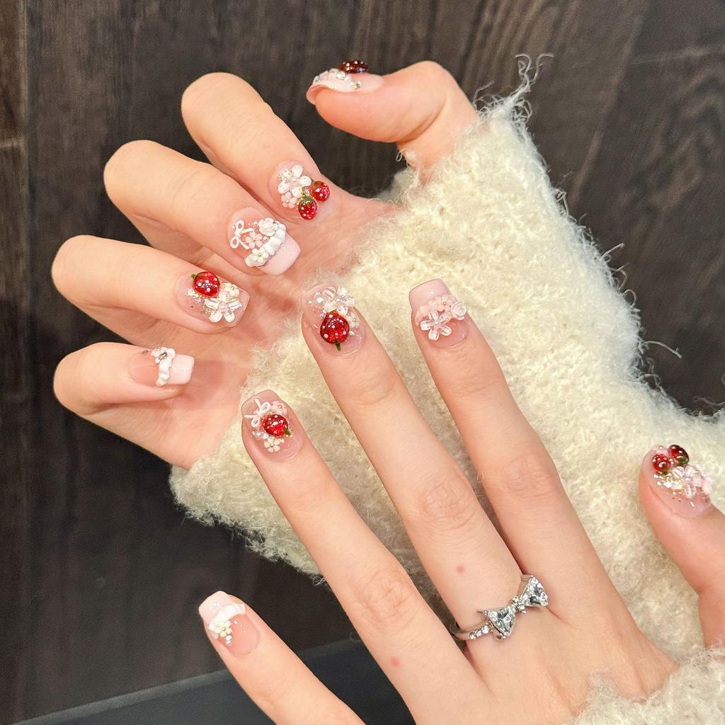 10Pcs 3D Strawberry Square Handmade Press On Nails Cute Fake Nail Tips Stick On False Nails For Women