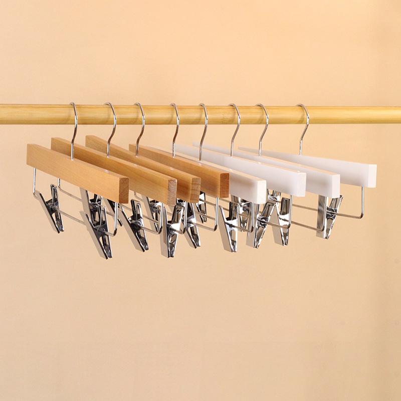 White Wooden Pants Hanger,5 Pack Durable Skirt Hangers with Adjustable Clips for Jeans Slacks Shorts,Heavy Duty Clip Hangers