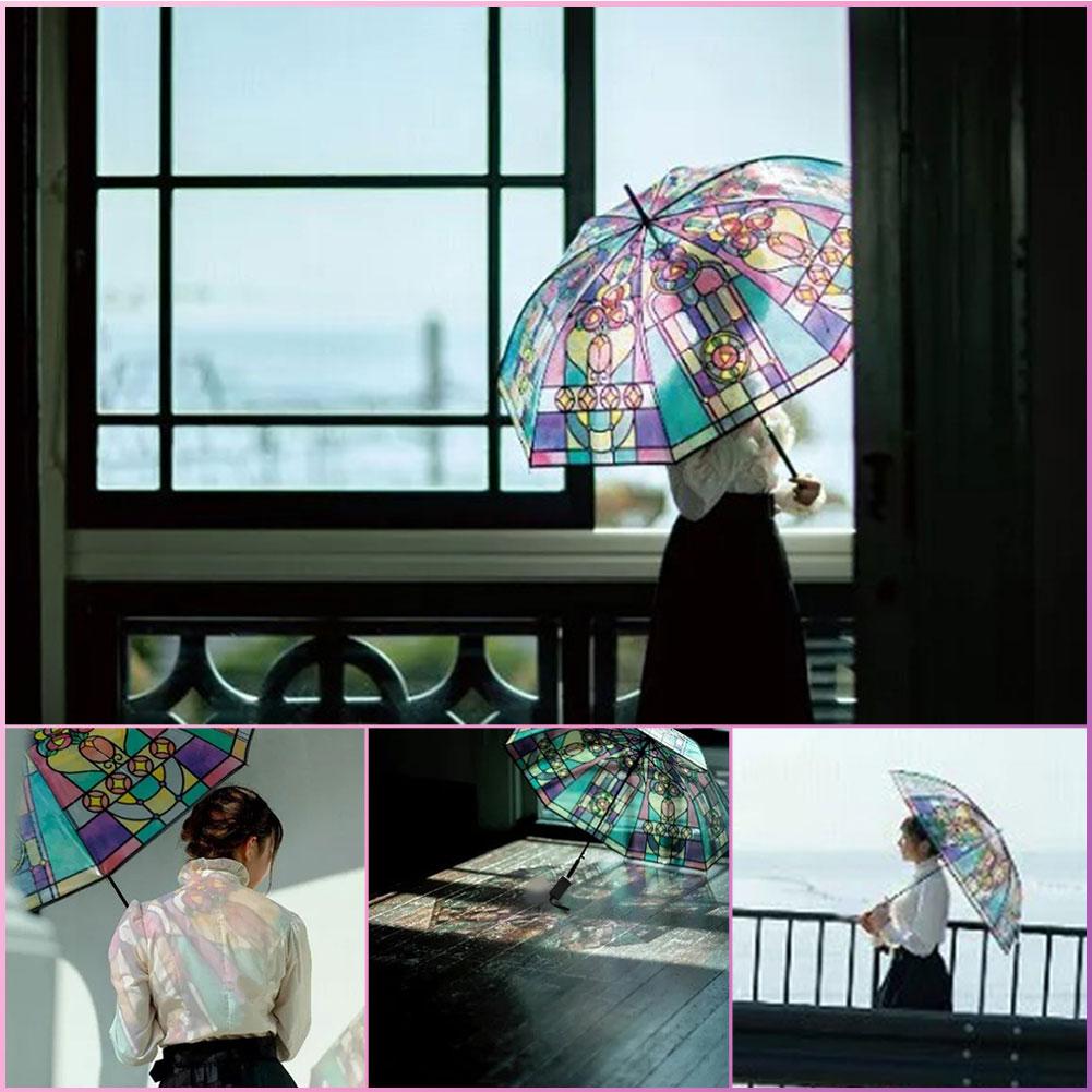 Vintage Church Transparent Umbrella Photo Props Colorful Glass Pattern Romantic Sunny Dual Use Of Rain And Light Girls Parasol